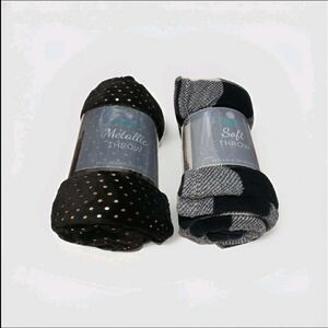 2 Comfort Bay SoftBlack/Gold & White Black Plaid Fleece Throw/Blanket 50"×60".